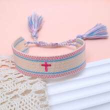 1pc Embroidered Cross Boho Handmade Woven Tassel Bracelet - Multicolor - View 3