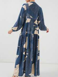 Elegant And Dignified Women's Long Sleeve Button Front Dress With Leaf Print, Slightly Stretchy Fabric, Suitable For Party Wear - Gray Blue - View 3