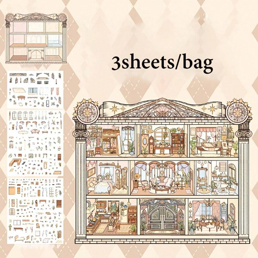 復古公寓主題迷你場景減壓貼紙，適用於日記、剪貼簿、DIY手工、節日/生日禮物，剪貼簿用品、學校用品