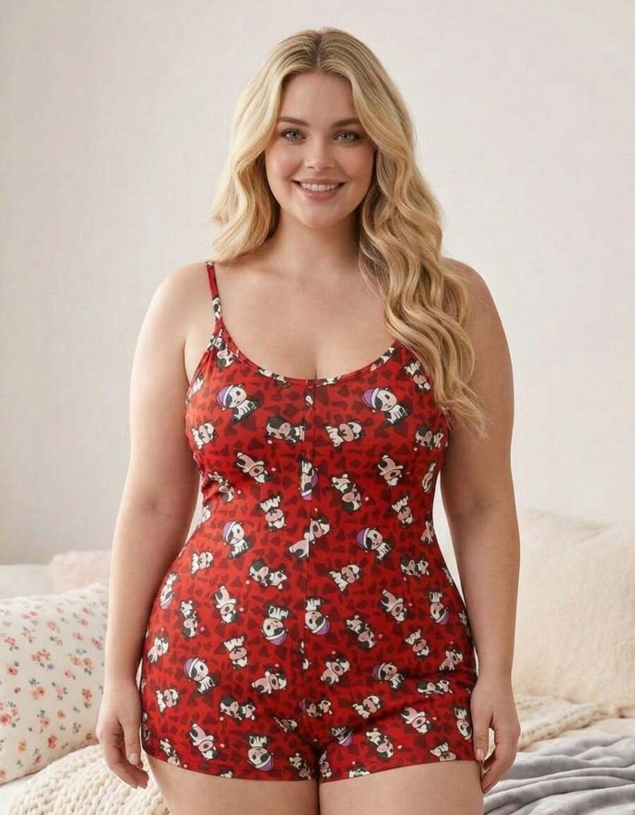 Plus Size Short Strappy Pajama Set, Premium Style, Blogger Style, Casual, Printed, Sleepwear - Red - View 1