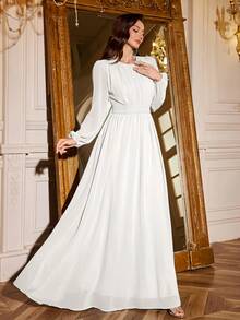 Volly Toych Gaun Pengantin Lengan Panjang Chiffon Putih Elegan dengan Detail Ruffle dan Leher Bulat, Cocok untuk Acara Spesial, Pernikahan, Lengan Tanpa Lapisan Dalam - Putih - View 8
