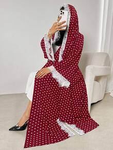 Áo Abaya nữ in họa tiết chấm bi phối ren - Màu Đỏ Sâu - Xem 1