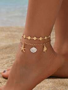 2pcs Handmade Gold Shell Chain, Alloy Seashell & Starfish Pendant Necklace Set, Suitable For Teenagers, Beach Vacation Wear - Gold - View 1