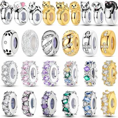 1颗银色闪亮立方氧化锆可爱猫狗虎狮十字架多元素多功能隔珠吊坠，适用于原装手链项链吊坠，可用于DIY珠宝制作，是女士日常珠宝配饰的理想之选，也是生日珠宝礼物的绝佳选择。