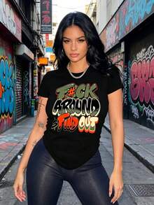 Olive Army Casual Graphic T-Shirt - Black With Bold FIND OUT Graffiti Print, Geometric Pattern, Regular Fit, Machine Washable, All-Season Comfort, Military Women T Shirts - Black - View 3