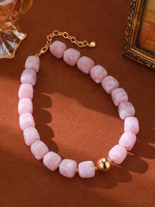 1/6 pièces Collier de perles carrées épaisses en PMMA de style bohème, pour femmes, vacances d'été/tenue de fête, cadeau de bijoux de mode pour la famille et les amis - Collier carré à perles dorées - Voir 14