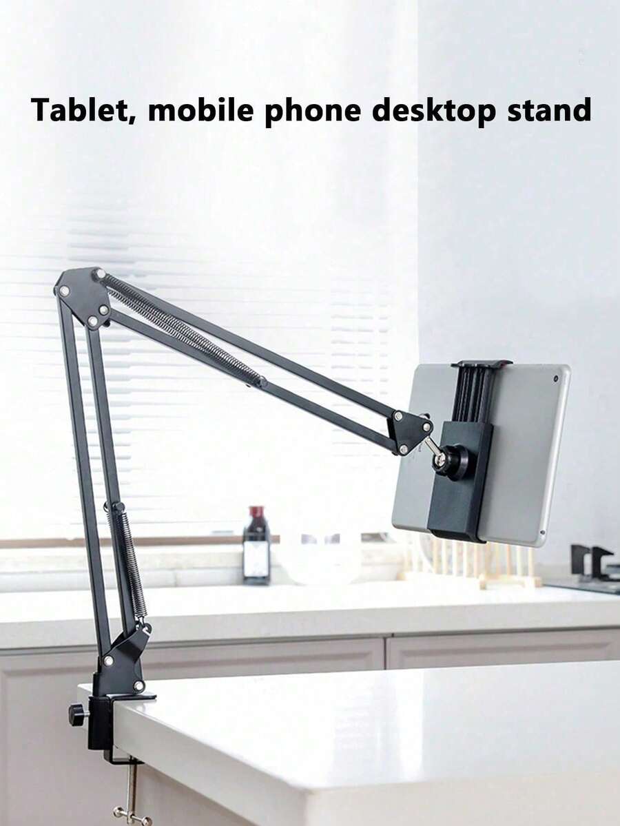 Soporte plegable y giratorio de 360 grados de metal para teléfono/tableta, estilo de abrazadera de escritorio para transmisión en vivo y fotografía - Negro - Ver 1