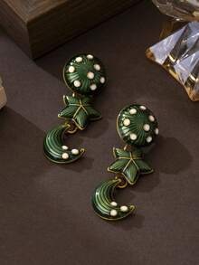 1 Set de Pendientes y Collar Vintage Retro con Estrella y Luna, Conjunto de Joyas de Diseño Único - Verde - Ver 9