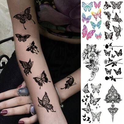 6 Sheets Big Size Body Art Temporary Tattoo Stickers For Women, Black Colorful Butterfly Mixed Pattern, Waterproof Fake Tattoo, Lasts 2-5 Days, Covering Scars,Can Be Used On Arms Wrist Shoulders Legs Waist Neck Hand Chest Thighs Finger Ankle, Suitable For Parties, Gifts, Vacations, Body Decoration