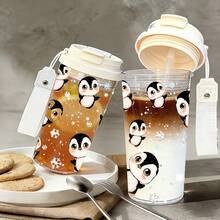 Conjunto de 5 copos de plástico de 500ml em formato de pinguim, com canudo e alça de corda. Copo anti-vazamento para café gelado, garrafa de água com estampa de floco de neve, ideal para uso diário e também um presente perfeito para estudantes e meninas. Presente adorável e charmoso para feriados, aniversários e volta às aulas; adequado para escola, trabalho, casa e atividades ao ar livre. - Pinguim Multicolorido - Ver 6