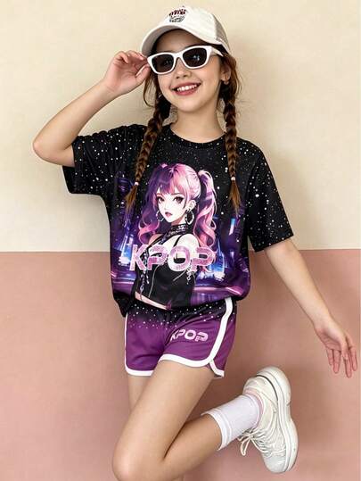 Bộ trang phục anime Cyber Punk dành cho nữ - Áo thun đen họa tiết thiên hà + Quần short tím ombre, chữ Hàn Quốc bóng bẩy, phong cách đường phố tiên phong, phù hợp cho các buổi hòa nhạc, lễ hội âm nhạc, chụp ảnh thời trang và mặc thường ngày.