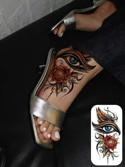 1张逼真临时纹身贴纸，蝴蝶、眼睛、花朵图案，男女皆宜，可贴于手背、脚背等处，防水防汗，可遮盖疤痕，适用于舞会、舞台表演、现代艺术人体彩绘等场合。