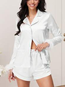 Women Satin Pajamas Set Solid Color Lapel Long Sleeve Tops With Feather Cuffs + Shorts Set Fall Clothes - White - View 2