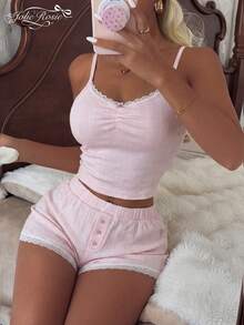 2 piezas Conjunto de pijama con camiseta de tirantes y shorts con adorno de encaje, suave y transpirable, rosa suave, ropa de casa y casual - Rosa - Ver 3