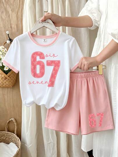 Summer Girls' Retro 67 Star Print Outfit, Contrast Color Collar Energetic Short Sleeve T-Shirt + Pink Sports Shorts, Sweet & Spicy Campus Style 2 Pieces Set