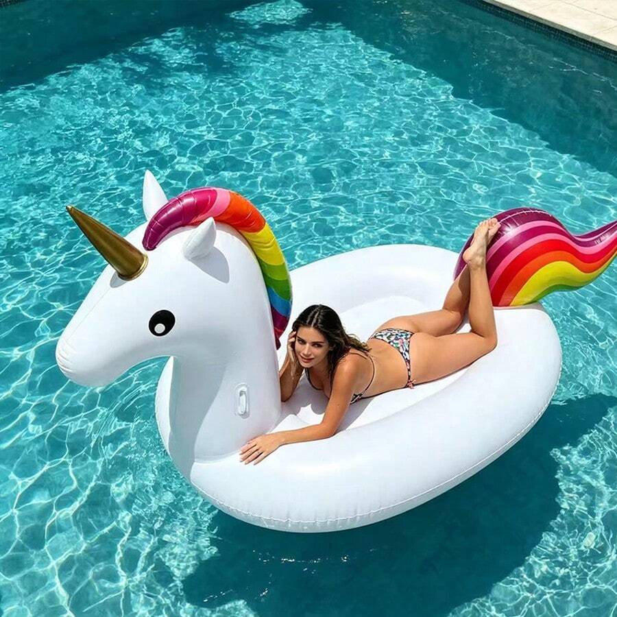 1 pieza Flotador inflable de unicornio arcoíris para piscina, material de PVC grueso para playa & piscina - Blanco - Ver 1