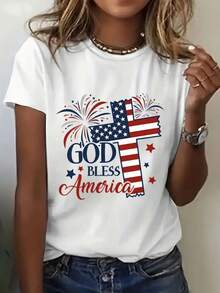 2026 Summer Patriotic - Themed Graphic Print T - Shirt. "God Bless America" With Flag - Cross And Fireworks Design. Cotton - Made For Breathability.  Women's Crew Neck Tee.Women's 4th Of July Patriotic Graphic Tee, God Bless America Flag Cross Print Short Sleeve Casual T-Shirt - 白色 - 查看 1