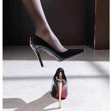 2026 Women's Premium Patent Leather High Heels, 10cm Metal Scepter Stiletto, R Style Pointed Toe, Comfortable Genuine Leather, Red Printed Sole, Luxury Single Shoes For Formal & Casual Events - màu đen - Xem 9