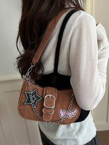 1pc White PU Leather Y2K Gothic Style Rivet Decor Shoulder Bag, Retro Fashion, Suitable For Daily Commute, Crescent-Shaped Tready Ladies Handbag - Brown - View 2