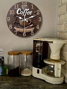 2D Flat Coffee Theme Round Wooden Wall Clock, With Coffee Beans And Cup Design, Suitable For Home Decor, Ideal Gift, Battery Operated (AA Battery Not Included), Coffee Bar Accessory - Multicolor - View 7