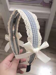 洛丽塔蕾丝蓝色格子蝴蝶结发箍，可爱甜美宽檐发箍，日韩小众风格 - 淺藍色 - 查看 4