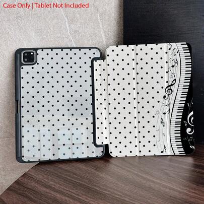 1pc White Black Polka Dot Piano Music Note Tablet Case Auto Wake Sleep Trifold Stand Protective Cover With Pencil Holder Compatible With Ipad,Compatible With Samsung Galaxy Tab,Compatible With Xiaomi Pad,Compatible With HUAWEI Pad