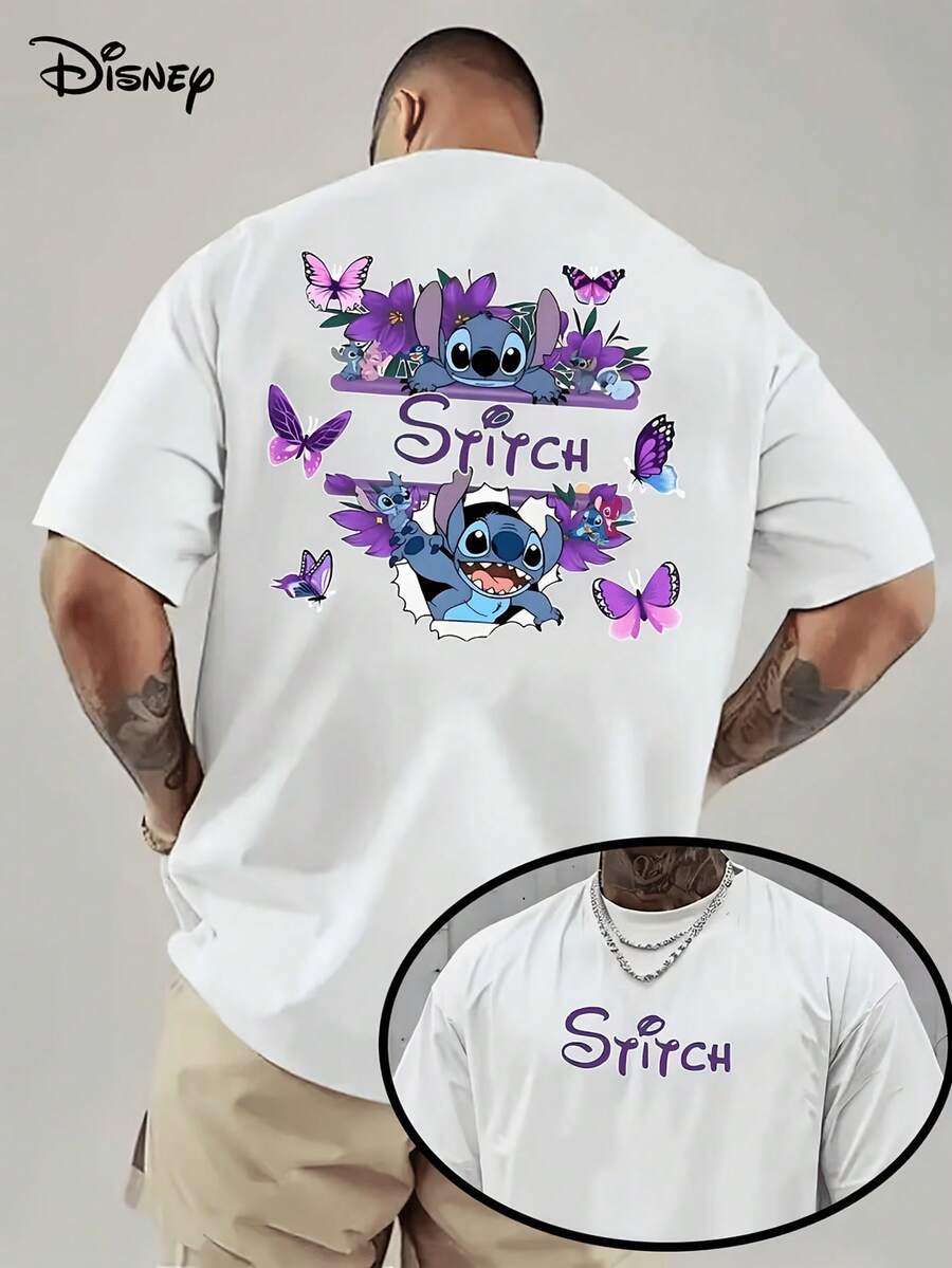 [Disney Licensed]Disney Lilo & Stitch Stitch Purple Flower Butterfly Cute Cartoon Graphic T-Shirt, Men's Oversized Front & Back Print Short Sleeve Tee, Aesthetic Kawaii Streetwear Top For Summer Daily Wear, Back To School, Stitch Fans Gift, Casual Outings & Teen Fashion, Disney Officially Authorized Men's Short-Sleeved T-Shirts, Mens Clothes, Men, Ropa De Hombre, Summer Clothes, Men Shirts, Graphic Tees, Disney Outfits Men, Graphic Tees, Camisetas Para Hombre, Camisas Para Hombre, Summer Outfits For Men, Father's Day Gift, Perfect Gift For Family And Friends, Which Are Necessary For Birthday Parties, Disney Shirts, Mens Clothes, Summer Clothes, Officially Licensed Disney T-Shirts, Disney Men's And Women's Spring/Summer Fashion Casual Short-Sleeve T-Shirts - White - View 1