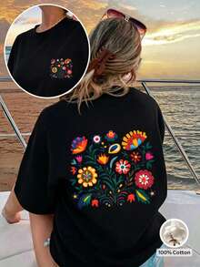 Frühling/Sommer Oversized Top, 100% Baumwolle, Damen Kurzarm T-Shirt, lustige und farbenfrohe Blumenmuster, Rundhals, weich und bequem, lässig, Streetwear, Y2K, Strand, Abschlussfeier, Urlaubstop, Musikfestival, schwarzes Top - Schwarz - Übersicht 1