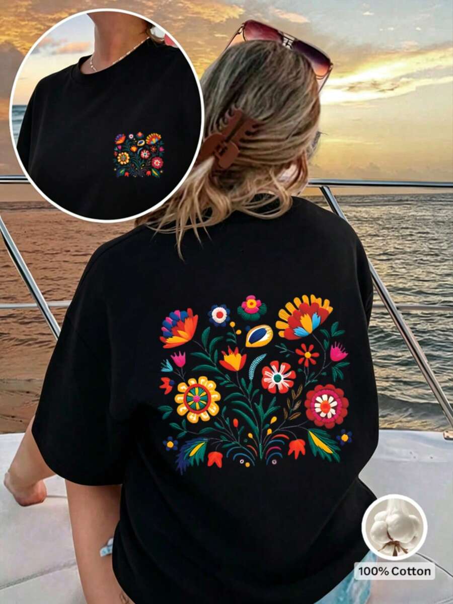 Frühling/Sommer Oversized Top, 100% Baumwolle, Damen Kurzarm T-Shirt, lustige und farbenfrohe Blumenmuster, Rundhals, weich und bequem, lässig, Streetwear, Y2K, Strand, Abschlussfeier, Urlaubstop, Musikfestival, schwarzes Top - Schwarz - Übersicht 1
