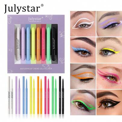 Julystar 8-Color Gel Eyeliner Pencil Set | Creamy, Long-Lasting, Smudge-Proof Formula; Waterproof, Intense-Pigment Eye Crayon; Blendable Multi-Shade Kajal Liner Kit; Vibrant Color Eye Definer