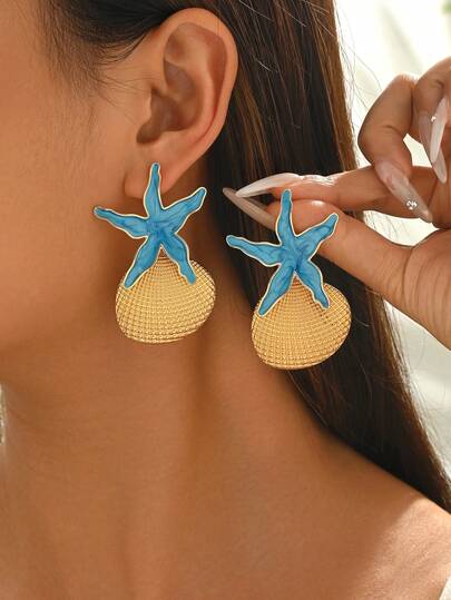 1 Pair Summer Beach Vacation Style Blue Glazed Starfish & Shell Alloy Decorative Earrings, Versatile Ocean Elements Jewelry For Women, Suitable For Daily Wear, Vacation, Party