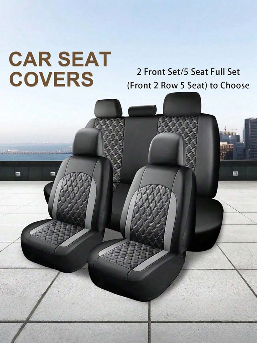 Universal Car Seat Covers - 2 Front Or 5 Full Set, PU Leather Diamond Quilted - Non-Slip Backing, Easy Installation - Fits Sedans, SUVs And Pickups - Interior Protection Kit, Car Interior Accessories (Black) - A - View 1