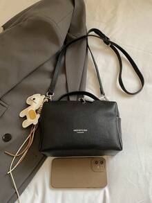 1pc Women's Solid Color PU Handbag, Minimalist Fashion One Shoulder Crossbody Small Square Bag With Pendant, Suitable For Commuting, Shopping, And Gift - Black - View 4