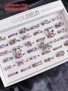 10pcs/Set Elegant Pink Synthetic Zirconia Heart & Butterfly Ring Set, Adjustable Open Cocktail Rings, Fashion Jewelry Gift For Women - 10 Random Pink Rhinestone Rings - View 7