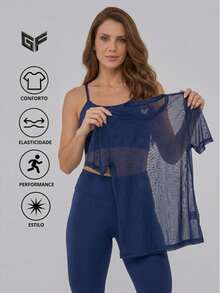Women's 3-Piece Gym Set | Padded Top + Leggings + Tulle Blouse – Comfort & Elegance, Stylish And Transparency-Free Women's Gym Outfit - 藏蓝色 - 查看 2