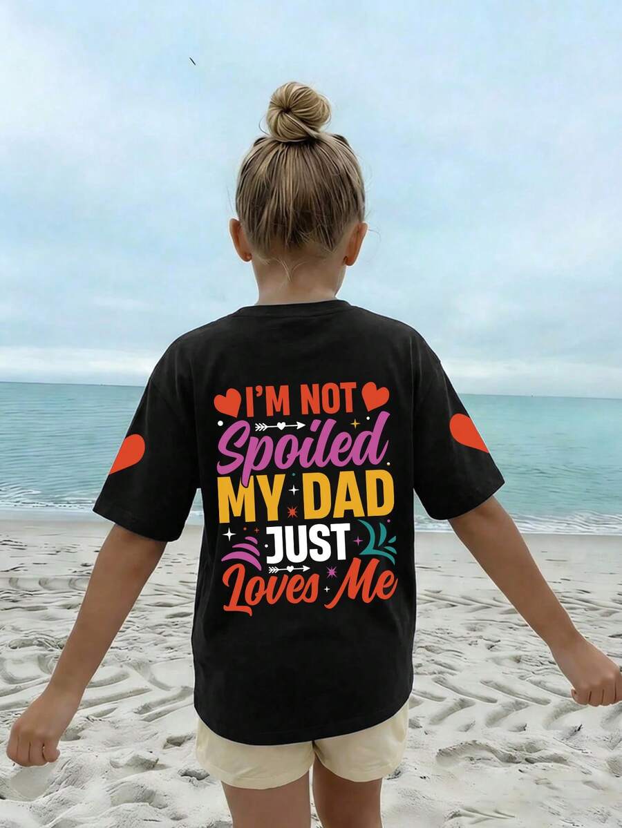 Tricou casual cu mânecă scurtă, cu imprimeu floral și litere colorate, pentru fete, guler rotund, model casual, haine de vară pentru fete - Negru - Vizualizare 1