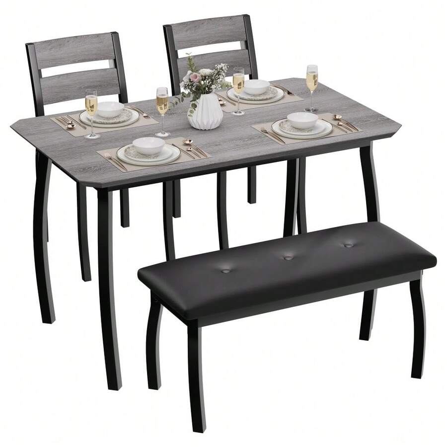Conjunto de comedor de 5 piezas ahorrador de espacio para 4 personas – Mesa de cocina moderna de madera con banco tapizado y 2 sillas acolchadas – Juego de comedor resistente para comedor pequeño, apartamento o rincón de cocina, color gris - Gris - Ver 1