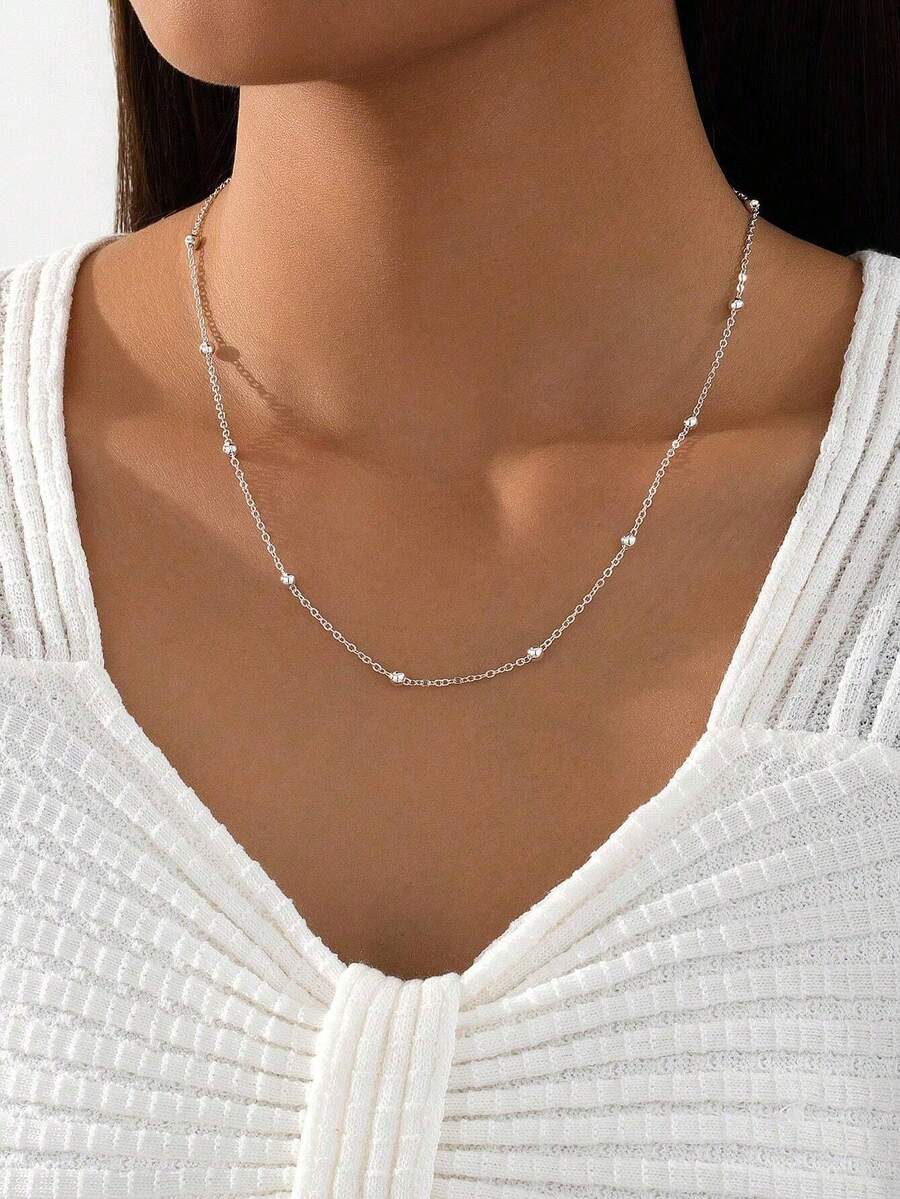 1 chiếc dây chuyền ngọc trai tươi tắn, đa năng, kiểu dáng thời trang Âu Mỹ dành cho nữ. - Bạc - Xem 1
