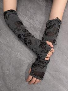 1pair Women's Distressed Long Fingerless Gloves For Everyday And Party Use Halloween Summer - 灰色 - 查看 4