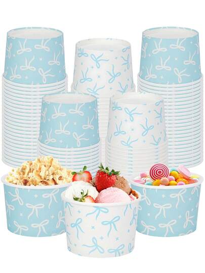 10pcs/20pcs/40pcs Blue & White Bowknot Ice Cream Paper Bowls, 3.5" Top Diameter, 2.95" Bottom Diameter, 2.4" Height, Paper Snack Bowls With Bow And Star Pattern, Suitable For Ice Cream, Sundae, Yogurt, Popcorn, Birthday Party, Baby Shower, Wedding, Holiday And Events, Unisex