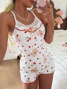 Bộ jumpsuit nữ kiểu dáng thường ngày, ngọt ngào và gợi cảm, hở lưng, in hình gấu bông, thiết kế ren, thắt eo, thoải mái mặc ở nhà, mùa xuân/hè/thu. - trắng - Xem 3