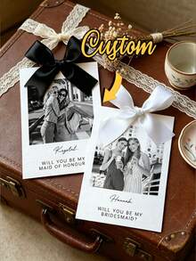 Customized Photo & Text Bridesmaid Proposal Cards, Minimalist Style Bridesmaid Proposal Card Template With Bow, Will You Be My Bridesmaid Cards, Hair Accessories For Women, Spring-Collection, Adjustable-Fit - Multicolor - View 5