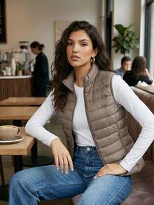 ZIAI Dam Lätt Kort Dunväst Med Stand Collar, Flera Färger, Casual Outdoor Höst/Vinter - Kaki - Visa 4