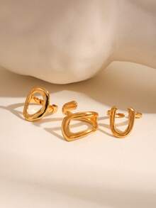 3pcs/Set 18K Stainless Steel Smooth Letter Open Ring Set, Suitable For Women's Daily Wear, Mother's Day Gift - Gold - View 3
