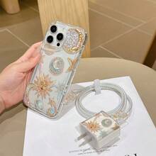 6-In-1 Beige Cosmic Planet Phone Case Set - Includes Phone Case, Charger Head Cover, Cable Protector, Storage Cord, Data Cable Winding Rope, TPU Shockproof Protective Case, Suitable For IPhone 6-16 Pro Max, Great Gift For Couples, Daughters, Girlfriends, Teenagers - Multicolor - View 4
