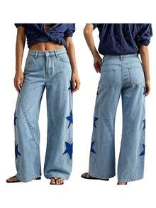 Women's Jeans With Pockets Stylish Mid Rise Casual Star Patch Wide Leg Denim Pants - Light Wash - View 6