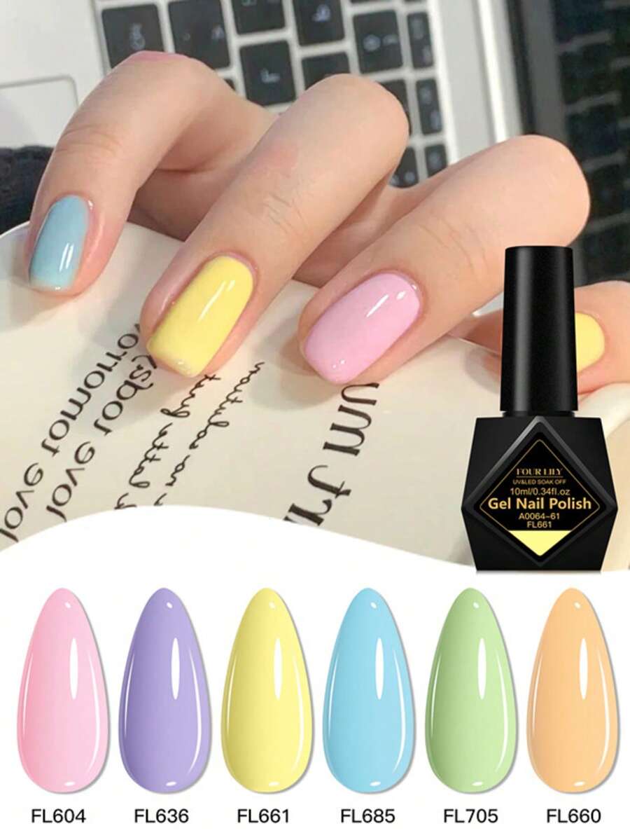 FOUR LILY 6件組 10ml 馬卡龍色凝膠指甲油，無HEMA、無TPO半永久可卸式UV凝膠指甲油，持久、無鉛DIY美甲裝飾，美甲沙龍與居家美甲護理用品