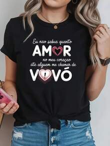 Women's Portuguese Grandma T-Shirt - "Eu Nao Sabia Quanto AMOR" Slogan & VOVÓ Print Crew Neck Short Sleeve Top, Casual Family Gift Suitable For G - Black - View 6