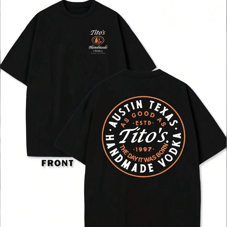 Parte delantera con el logotipo de Tito's Handmade Vodka, parte trasera con el texto circular "AUSTIN TEXAS Tito's HANDMADE Vodka" y el logotipo de la marca, camiseta con temática de Tito's Vodka - Negro - Ver 1