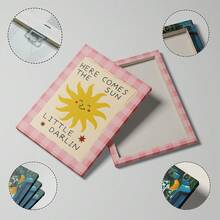 1 pezzo "Ecco il sole, tesoro" opera d'arte da parete, decorazione retrò con stampa rosa a quadretti, cartellone sole stile boho adatto per camera dei bambini, soggiorno, camera da letto, tela dipinta senza cornice/con cornice/rotolo da appendere - Multicolore - Visualizzare 2
